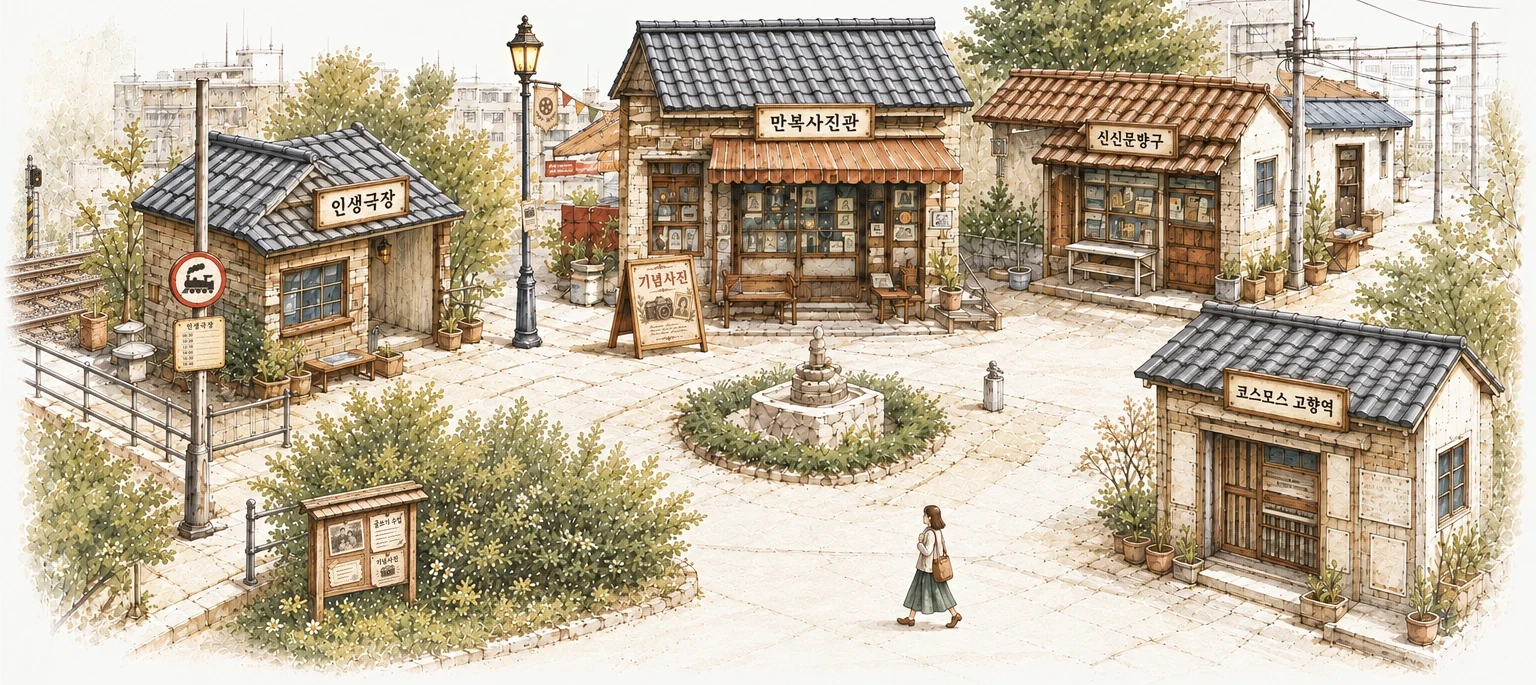 네 가게가 둘러선 골목의 광장. 만복사진관, 신신문방구, 인생극장 복, 코스모스 고향역