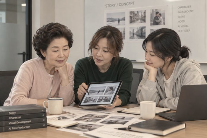세 사람이 태블릿으로 영화 장면을 함께 고르는 장면